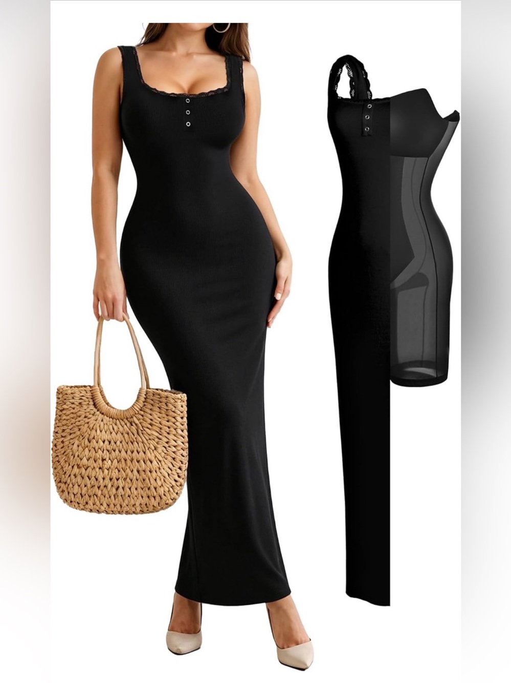 Black Maxi Slip Dress with Built-In Shaping